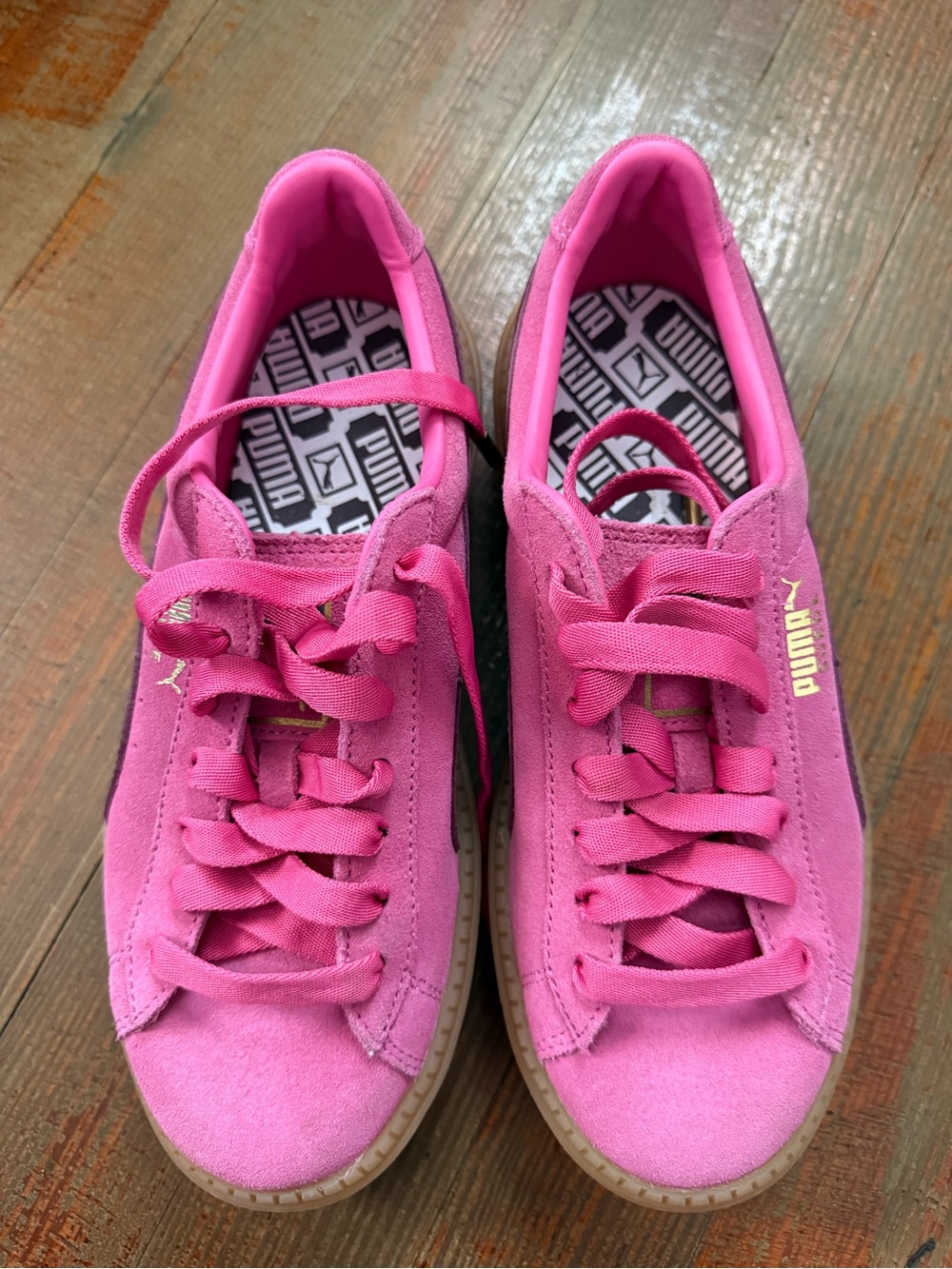 Puma Women's Hot Pink Suede Low-Top Sneakers with Gold Logo